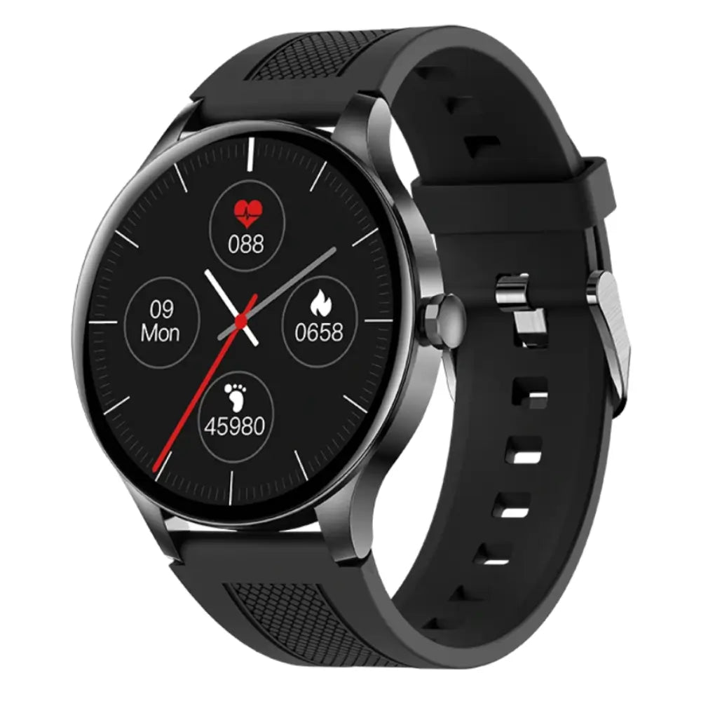 Black smartwatch with a detailed display on a white background