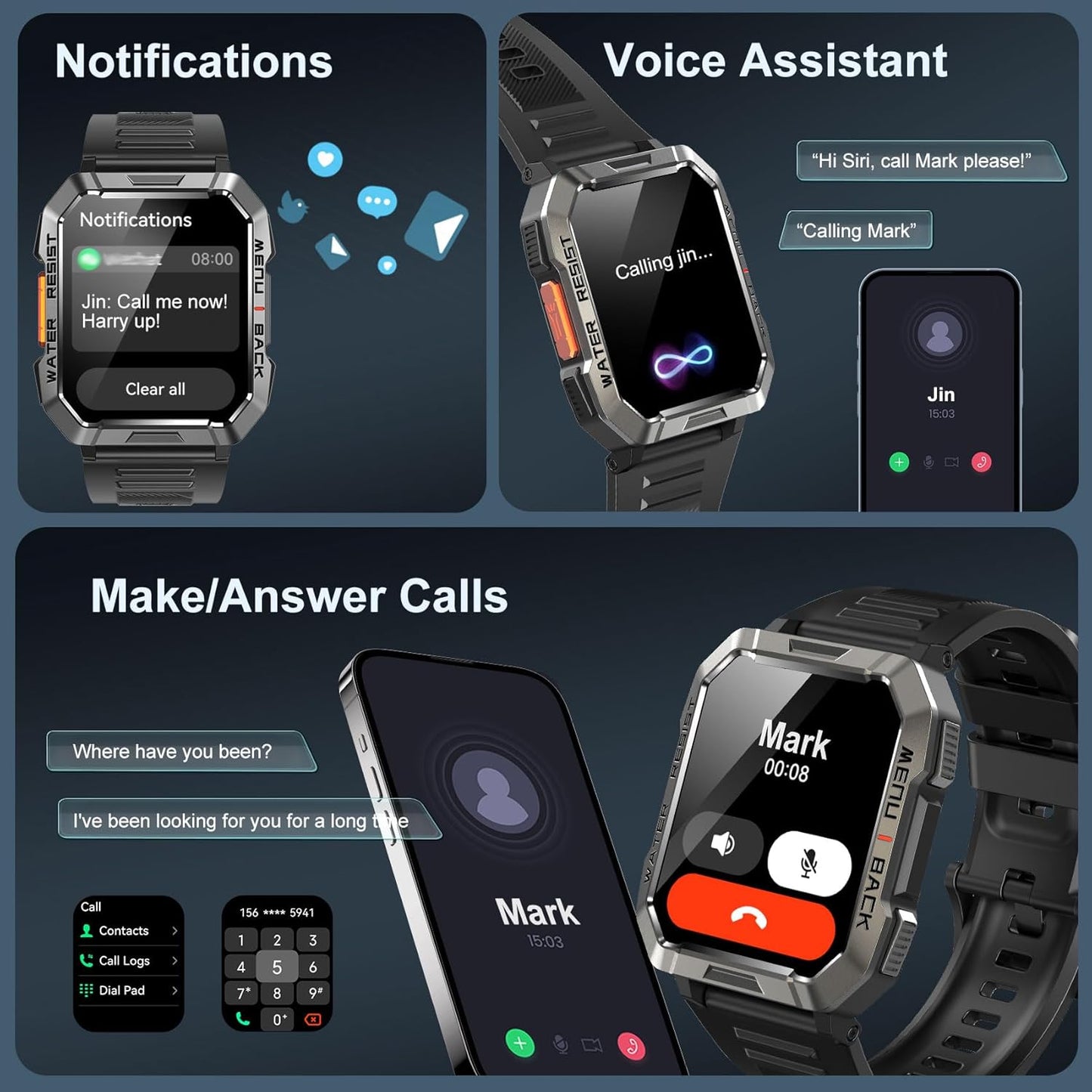 Heavy-Duty Smartwatch for Men with LED Flashlight