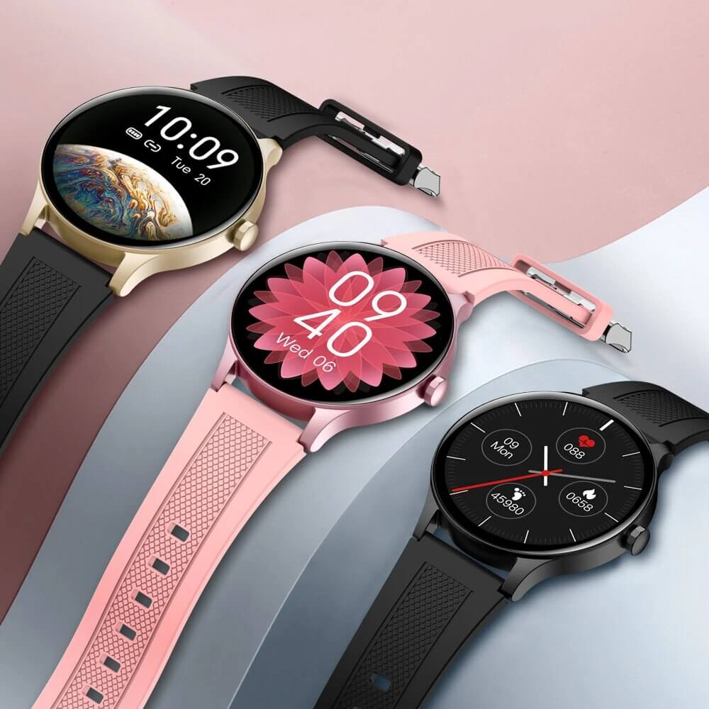 Three smartwatches with different designs on a gradient background