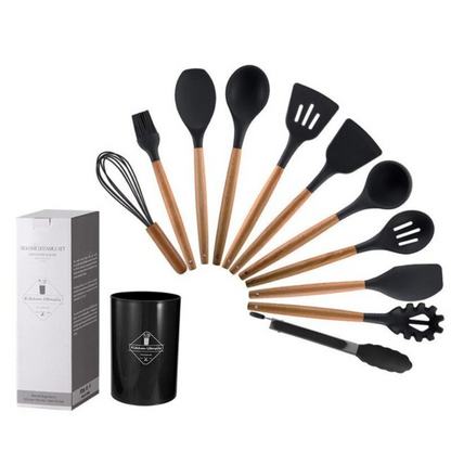 CasaFinesse™ 12Pc Non-Stick Wooden-Handle Utensils