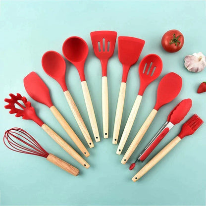 CasaFinesse™ 12Pc Non-Stick Wooden-Handle Utensils