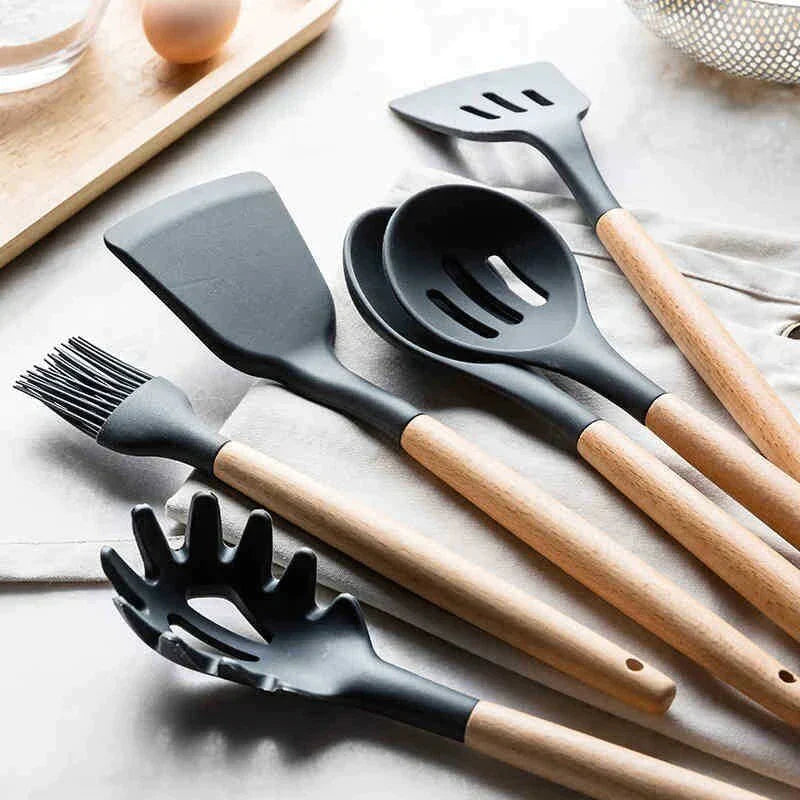 CasaFinesse™ 12Pc Non-Stick Wooden-Handle Utensils