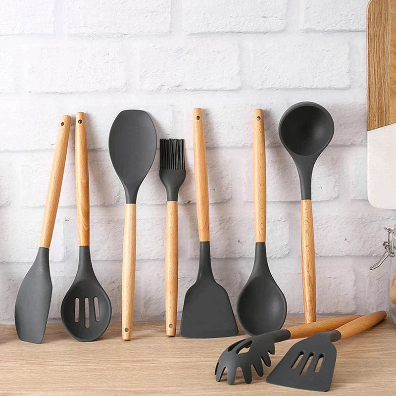 CasaFinesse™ 9pc Silicone Wood Kitchen Utensils