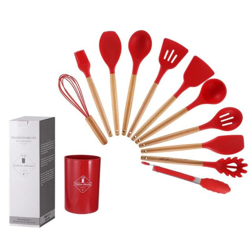 CasaFinesse™ 12Pc Non-Stick Wooden-Handle Utensils