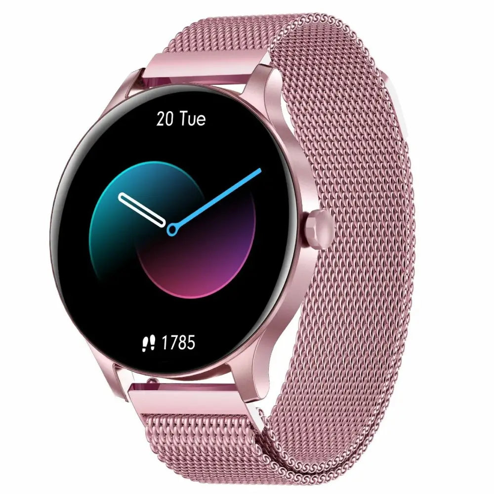 Smartwatch with a pink mesh band on a white background