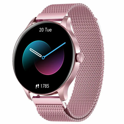 Smartwatch with a pink mesh band on a white background