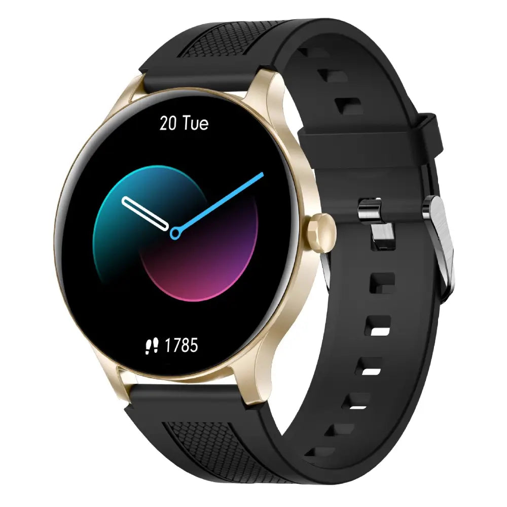 Smartwatch with black band and gold casing on a white background