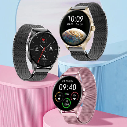 Three smartwatches with mesh bands on pink and blue stands