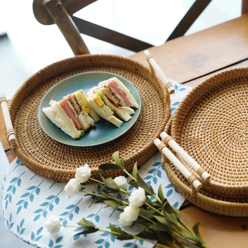 CasaFinesse™ Rattan Storage Trays With Wooden Handle