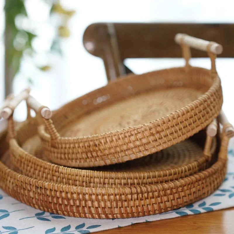 CasaFinesse™ Rattan Storage Trays With Wooden Handle