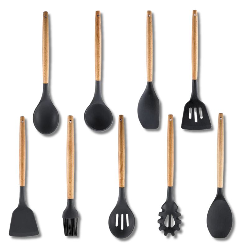 CasaFinesse™ 9pc Silicone Wood Kitchen Utensils