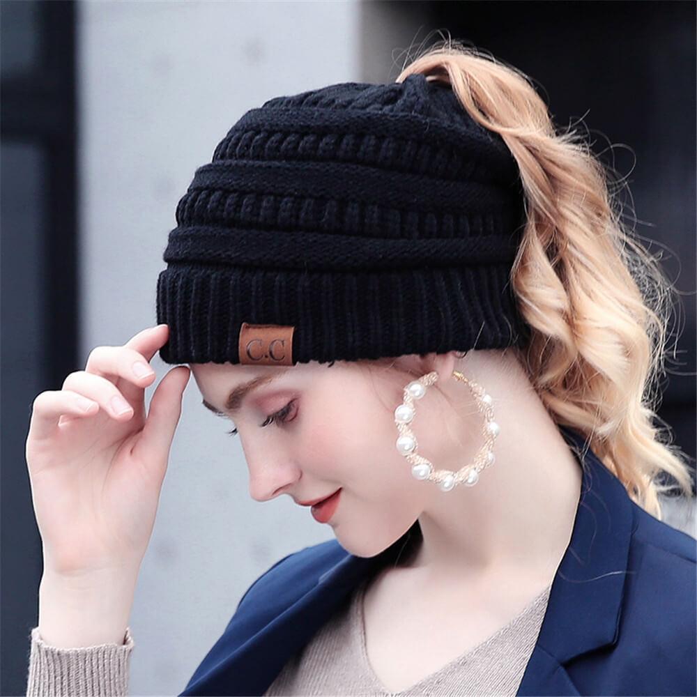 Ponytail Beanie With Hole For Messy Bun Ponytail Hair Soft Knitted Slouchy - Voltbite