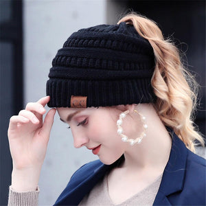 Ponytail Beanie With Hole For Messy Bun Ponytail Hair Soft Knitted Slouchy - Voltbite